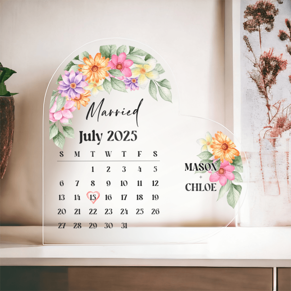 Personalized Wedding Calendar Heart Plaque – Custom Acrylic Gift for Couple & Keepsake