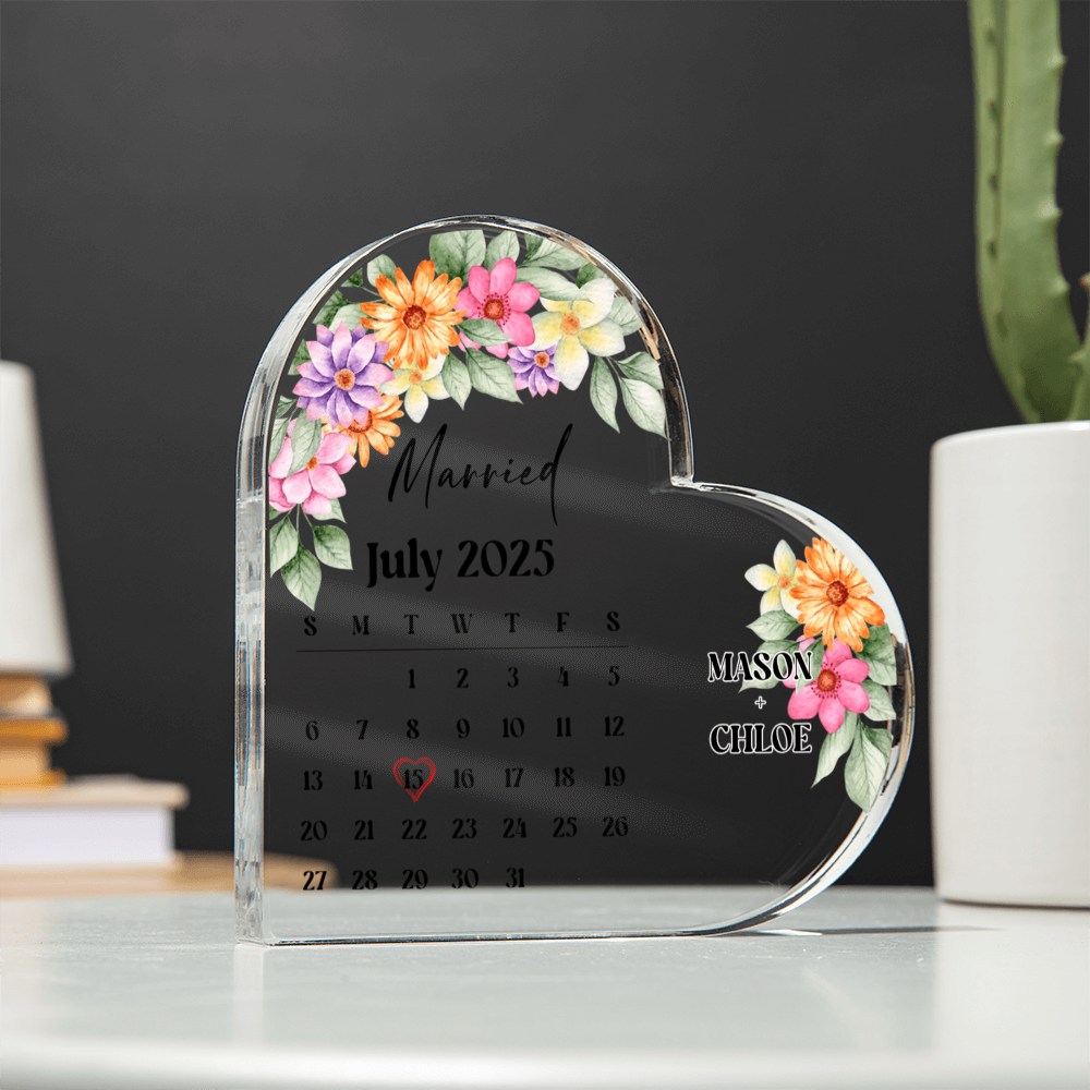 Personalized Wedding Calendar Heart Plaque – Custom Acrylic Gift for Couple & Keepsake