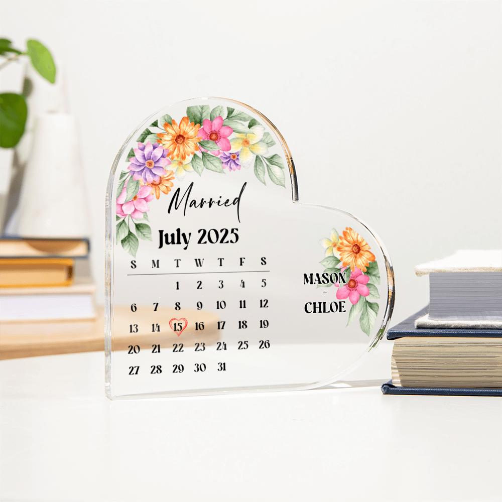 Personalized Wedding Calendar Heart Plaque – Custom Acrylic Gift for Couple & Keepsake
