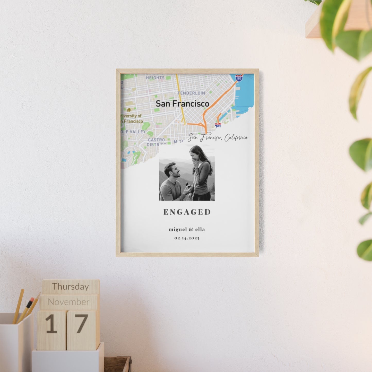 Personalized Engagement Map Wooden Poster – Engagement Gift for Couple, Custom Map Print, Gift for Engaged Couples, Engagement Keepsake