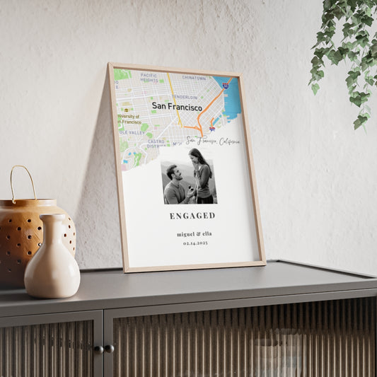 Personalized Engagement Map Wooden Poster – Engagement Gift for Couple, Custom Map Print, Gift for Engaged Couples, Engagement Keepsake