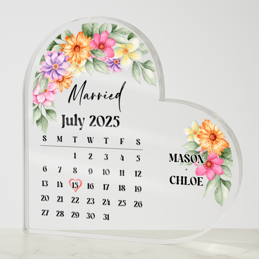 Personalized Wedding Calendar Heart Plaque – Custom Acrylic Gift for Couple & Keepsake